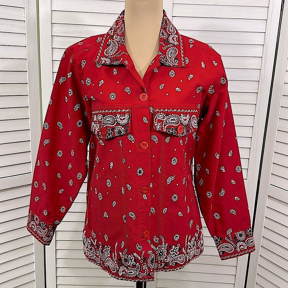 QUACKER FACTORY Embellished Jacket Medium Red Paisley NWOT - Picture 3 of 15
